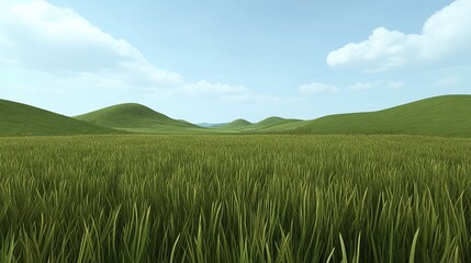 Fototapeta premium Lush green grass stretches across the rolling hills under a clear blue sky, creating a serene landscape, This image is ideal for nature-related projects, environmental campaigns