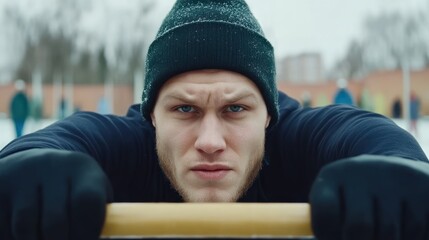 Intense hockey player gazes intensely in winter with determination and focus outdoors