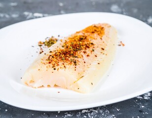 Fresh raw dourade with spices on table