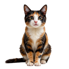 Fototapeta premium Beautiful Calico Cat with Striking Eyes Sitting on Soft Surface