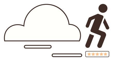 Person jumping upward across platform lines, aiming for a five-star rating. Ideal for achievement, progress, motivation, goal-setting, success, aspiration personal growth. Clean and simple flat