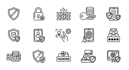 Cybersecurity and data protection line icon set featuring shield lock firewall key biometrics and password symbols for digital safety.
