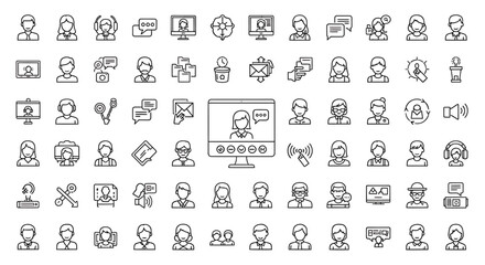 A large collection of minimalist black line icons for webinars video conferencing and online customer support.