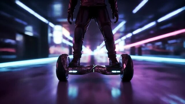 Futuristic Hoverboard Racer in Neon City Tunnel with Glowing Light Trails