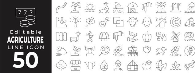 Agriculture and farming set of web icons in line style. Agronomy linear icons collection. Containing farm, plant, crop, barn, tractor, harvest, farmer, greenhouse, wheat, eco, agriculture. Editable