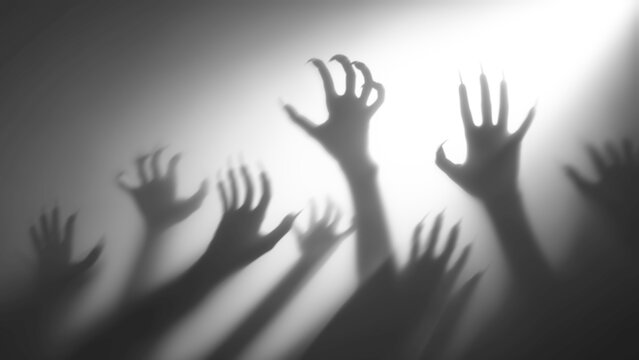 Shadow overlay effect for halloween background with Terrifying scary hands with long nails,Creepy monster claw,silhouette of hands,zombie hand rising out of a graveyard