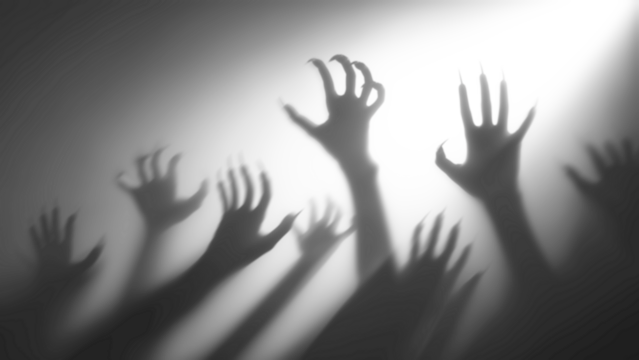 Shadow overlay effect for halloween background with Terrifying scary hands with long nails,Creepy monster claw,silhouette of hands,zombie hand rising out of a graveyard