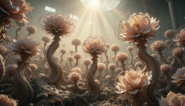 Surreal Floral Landscape A Dreamlike Scene of Alien Flora Illuminated by Sunlight