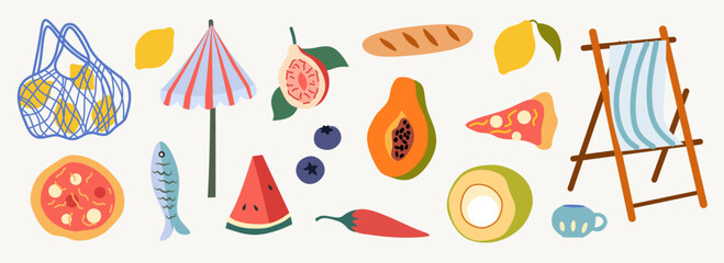 Set of summer stickers. Icons for tropical vacation. Seasonal elements collection. Fruits, coffee, lemon, papaya, coconut, watermelon, baguette, chair, fish, umbrella, basket, beach accessories.