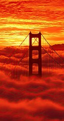 Golden Gate Bridge at sunrise, silhouetted against fiery clouds