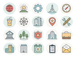 Collection of business and travel icons globe mountain