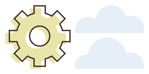 Yellow gear beside two light blue clouds, symbolizing technology, cloud storage, and innovation. Ideal for IT, cloud computing, automation, data storage, software teamwork simple flat metaphor