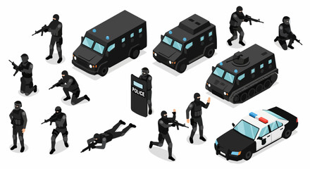 SWAT Team and Armored Vehicles in Isometric View.