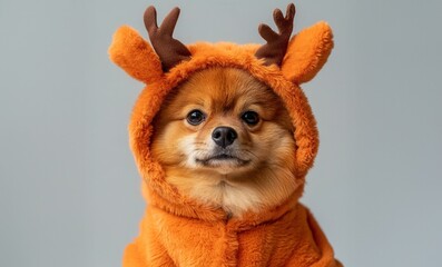 Adorable Nativity pomeranian dog wearing an orange reindeer Winter costume, creating scene christmas a festive