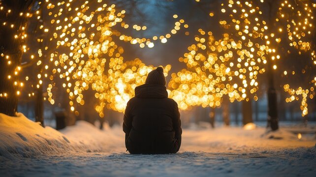 Peaceful male practicing meditation in lotus pose, sitting amid snowy urban parkscape, illuminated by soft christmas winter during quiet lighting evening