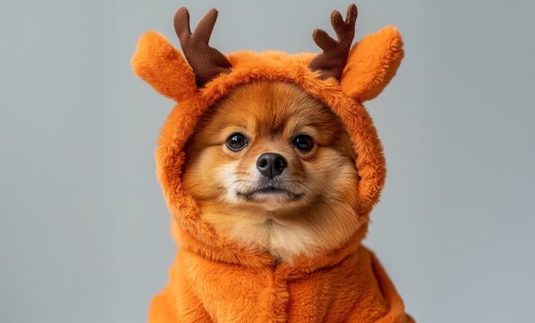 Adorable Nativity pomeranian dog wearing an orange reindeer Winter costume, creating scene christmas a festive