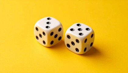 Two white six-sided dice placed on a vibrant yellow background, showing distinct numbers including one through six