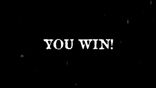 You Win text animation with a glitch effect with an old TV distortion effect. Retro vintage 8-bit game style 4K video