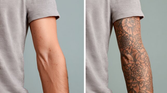 A side-by-side comparison of a forearm before and after tattoo removal. The left side shows smooth, bare skin, while the right reveals a detailed tattoo with a silver wristwatch on top.