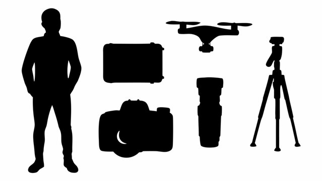 Silhouette of a man with camera equipment including a drone camera lens tripod and case shown