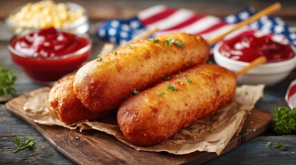 Golden corn dogs served with sauces on a rustic wooden table. Background includes ketchup, fries, and a blurred American flag, evoking a festive and traditional fair food setting.