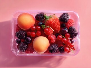 Colorful mixed berries and peaches in a plastic container on a pink surface