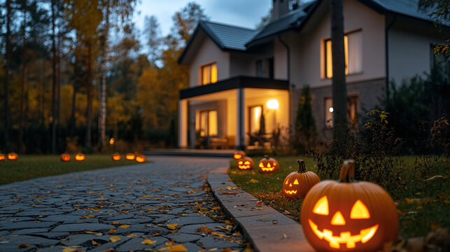Halloween pumpkins stand in the yard against the backdrop of a private house on Halloween evening
