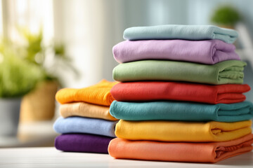 A neat stack of colorful clothes is arranged on a table, capturing various vibrant shades like purple, orange, and green. Soft natural light creates a warm atmosphere