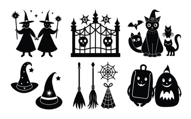Halloween Vector Illustration Set with Witches Cats Ghosts and Spooky Elements