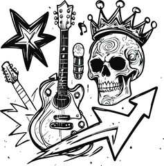 Black and white line art doodle icon set of music star theme, punk rock style. Hand-drawn sketch of guitar, microphone, skull, graffiti star shapes, arrows, crown, and speech bubbles 2
