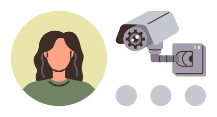 Human silhouette near a mounted security camera, representing facial recognition and data privacy concerns. Ideal for surveillance, technology, privacy, security, digital identity, AI, data ethics