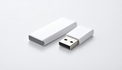 A white USB flash drive with rounded edges and a metallic connector, placed on a plain white surface