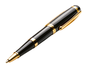 A close up studio shot of a sleek black and gold pen isolated on white background ,PNG.AI Generated.