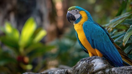 Obraz premium Colorful macaw perched on rock, lush jungle background