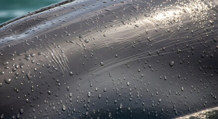 Close up of a dolphin's wet skin, with water droplets and scratches reflecting the sunlight above it
