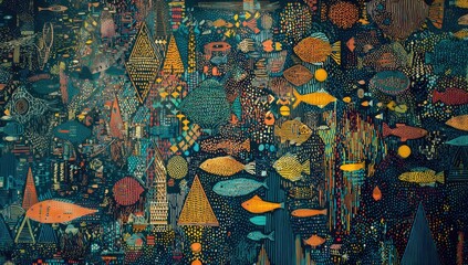 Vibrant underwater scene, stylized fish & shapes