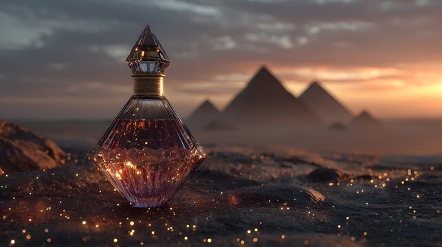 Elegant luxury perfume bottle glowing at sunset with Egyptian pyramids in background, oriental fragrance concept of mystery and timeless beauty