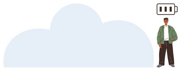 Man in casual outfit beside cloud shape and battery icon. Ideal for energy, technology, digital storage, cloud computing, sustainability, user interface, digital lifestyle themes. Simple flat