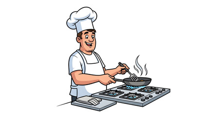 A cheerful culinary expert confidently prepares a delicious meal on the stovetop, skillfully stirring ingredients to perfection with a joyful expression