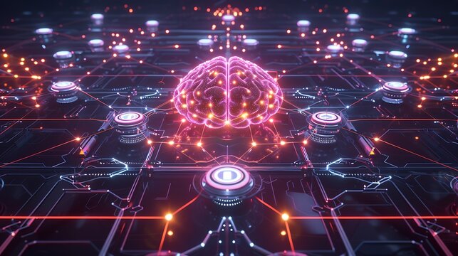 Central glowing AI brain core with branching neon data links in symmetrical web, connected to digital hubs, floating over grid, 3D visualization.