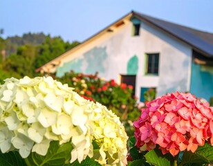 Vibrant hydrangeas bloom near a quaint house