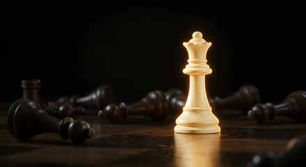 Victorious Chess Queen – Dramatic Close-Up of Gleaming White Queen Amid Fallen Pieces, Symbolizing Mastery and Triumph