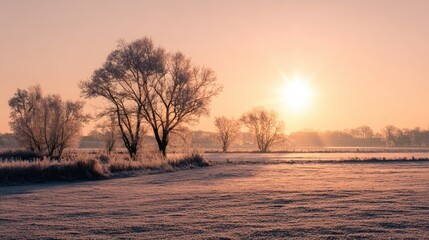 Frosted winter sunrise over a field