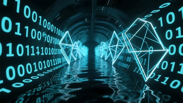 Liquid data flow in a dark tunnel, binary code morphing into geometric shapes, cinematic