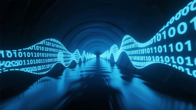 Liquid data flow in a dark tunnel, binary code morphing into geometric shapes, cinematic