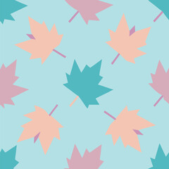 Seamless pattern of autumn maple leaves with soft pastel geometric shapes