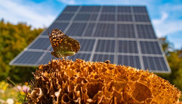 Butterfly on dried sunflower head near solar panels