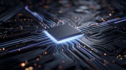 Futuristic glowing microchip on circuit board, advanced digital technology, artificial intelligence, innovation, and data processing concept