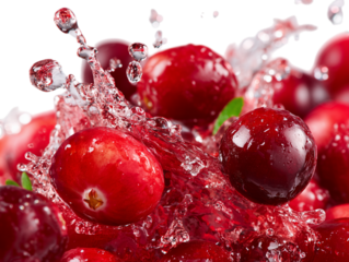 A vibrant close-up captures a burst of fresh cranberries amid a splash of clear water