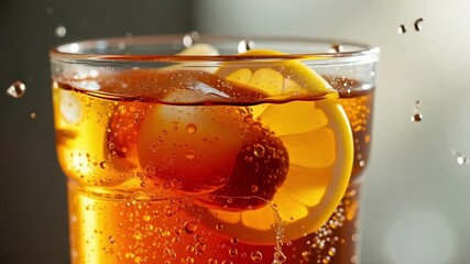 Refreshing iced tea with lemon slices and ice cubes, sparkling with bubbles, perfect for summer refreshment. - Powered by Adobe